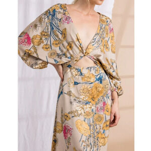 Lena - Georgous Satin Colorful Floral cut out dress midi women's size small